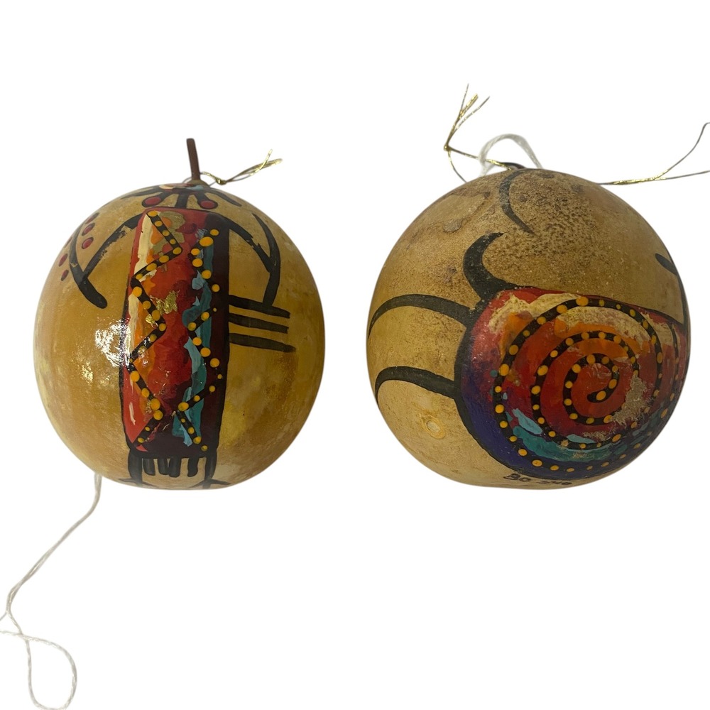 Vtg BC 2010 Hand Painted Gourd Ornaments Southwestern‎ Tribal Folk Art Christmas